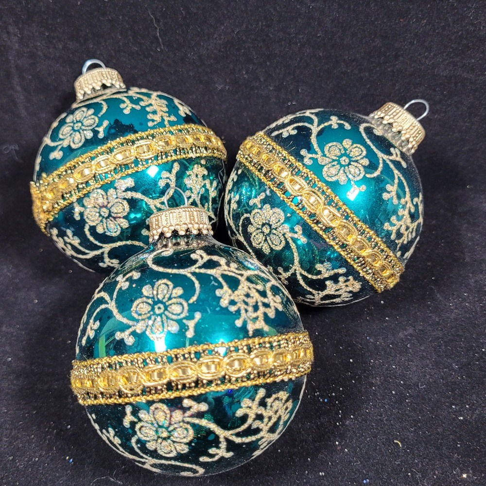 3 Krebs Glass‎ Christmas Ornaments Floral Filigree Baroque Style Teal Green Gold